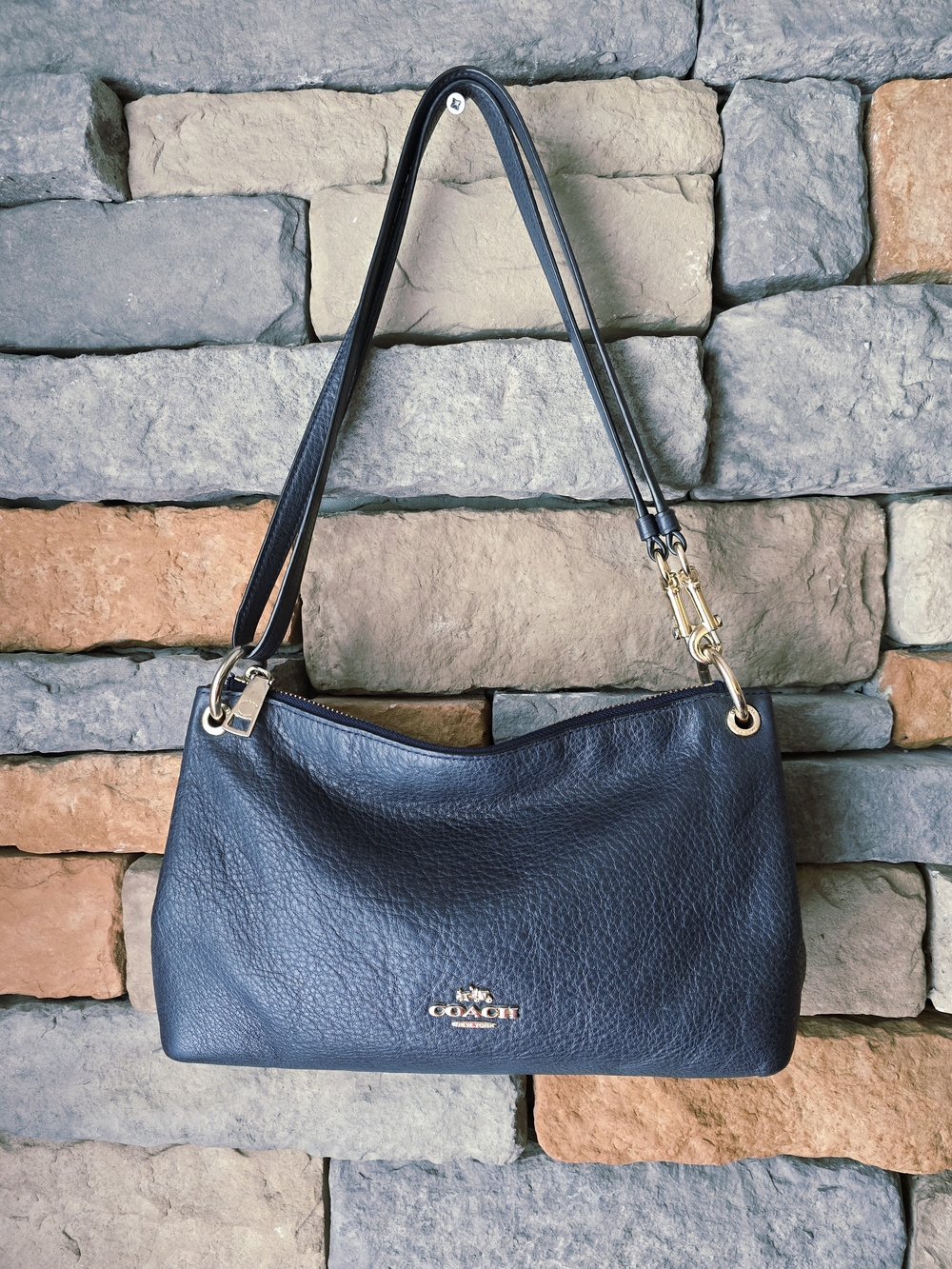 COACH F55661 Dark Navy Blue Pebbled Leather Shoulder Bag Crossbody Gold Hardware